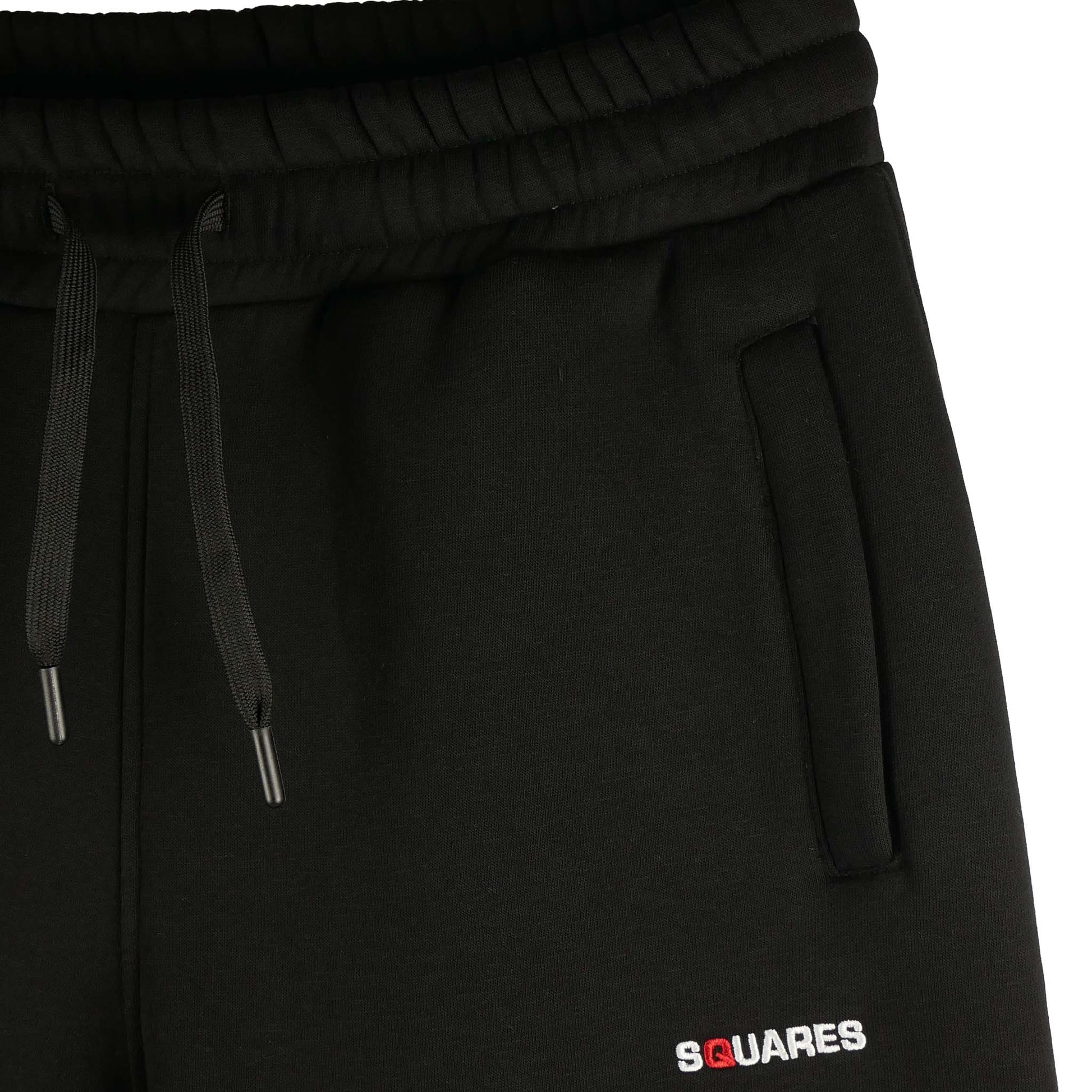 SWEATPANTS BLACK SQUARES Stay cozy and organized with zippered pockets and a soft fleece lining, front side close-up