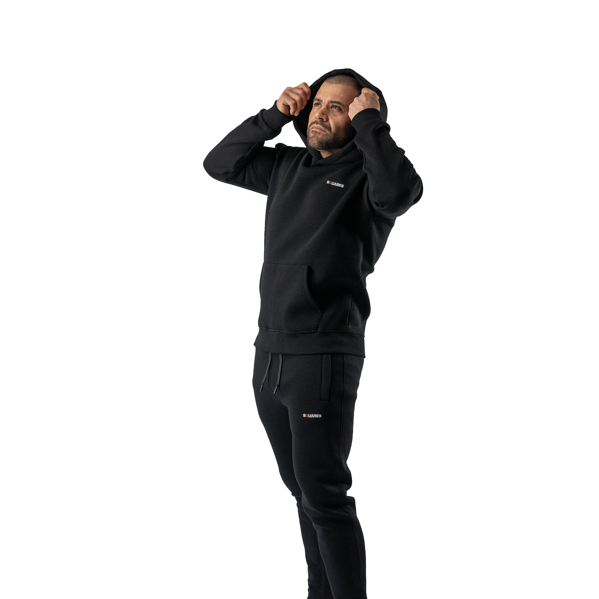 HOODIE BLACK SQUARES Made with soft materials and a luxurious fleece lining, front side model