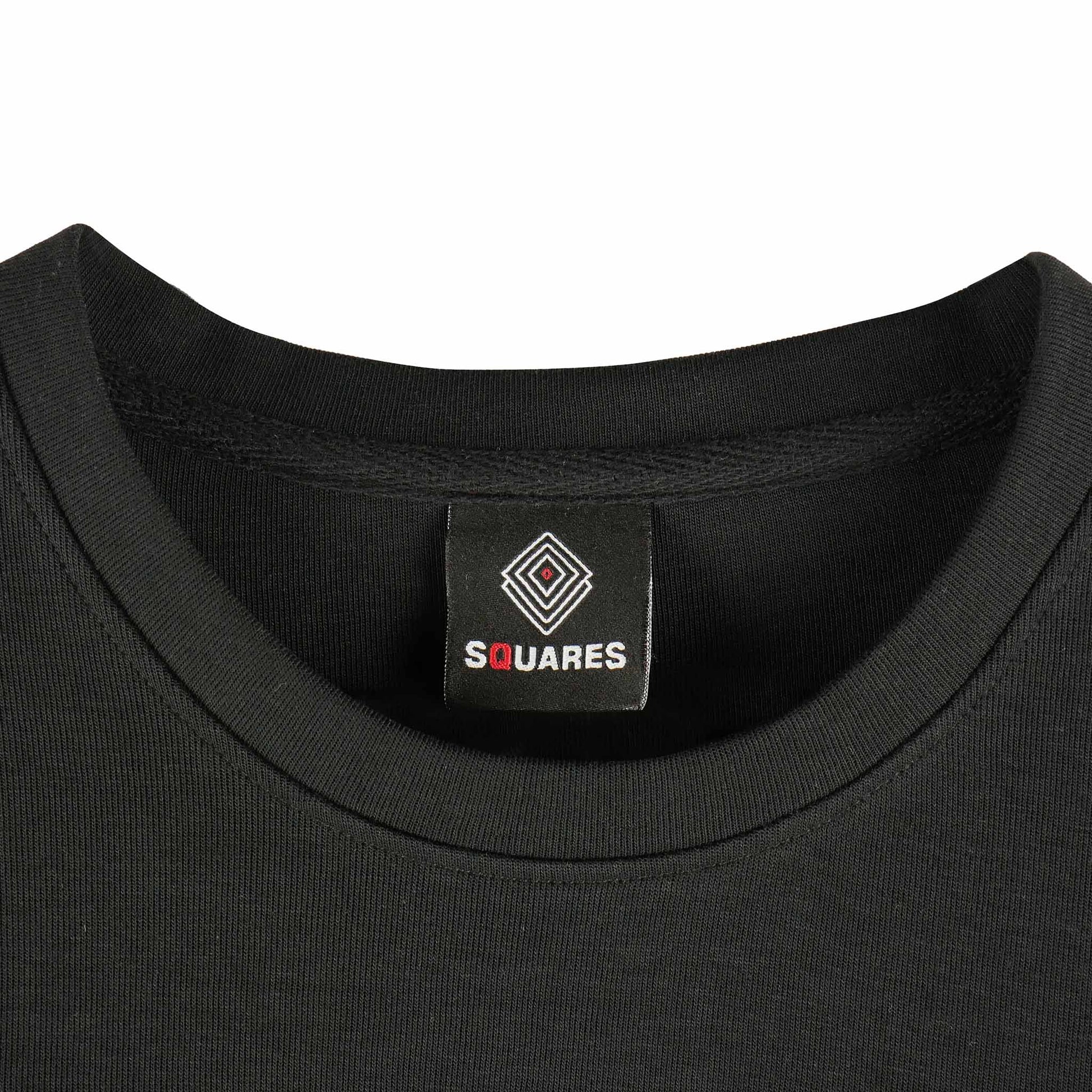 SQUARES T-shirt black T-shirt boasts a relaxed fit, ideal for comfortable wear, front side close-up neck